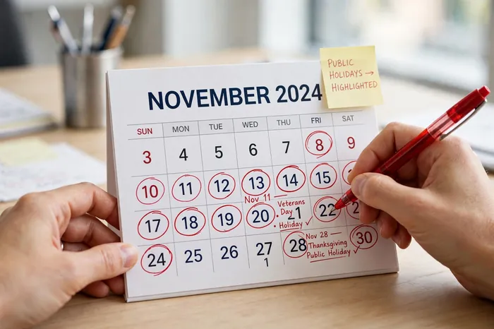 Mãos marcando feriados no calendário com a calculadora de dias