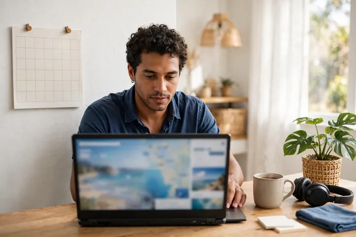 Funcionário planejando férias no notebook com a calculadora de férias