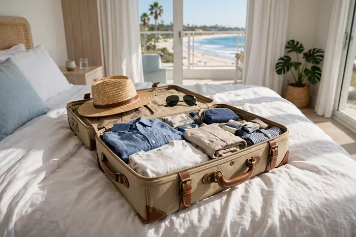 Mala de viagem pronta na praia com a calculadora de férias no celular