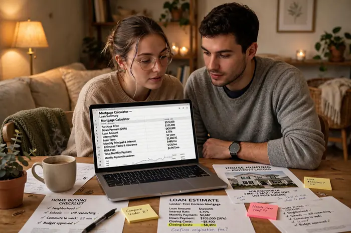 Pareja revisando la calculadora hipoteca en el portátil antes de comprar casa