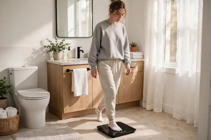 Mujer pesándose en la báscula del baño usando la calculadora imc como referencia