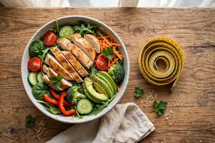 Bowl de comida saludable y cinta métrica en la cocina junto a la calculadora imc