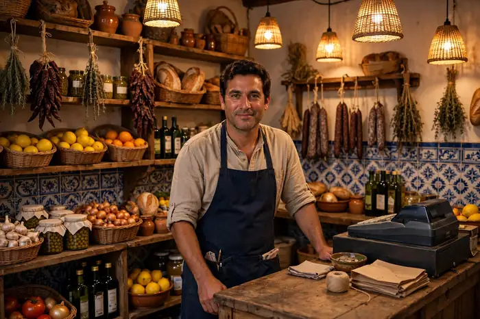 Dueño de una pequeña tienda en España usando la calculadora iva en la caja