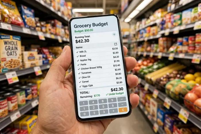 Persona usando una calculadora online en el móvil para planificar su presupuesto de compra