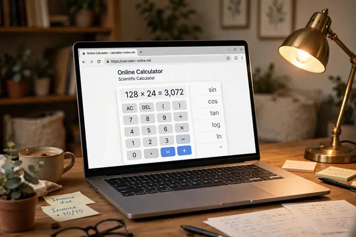Uso de una calculadora online en la pantalla de un portátil en una oficina en casa