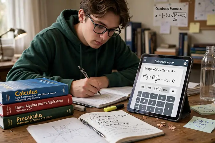 Estudiante haciendo sus tareas con una calculadora online en una tableta