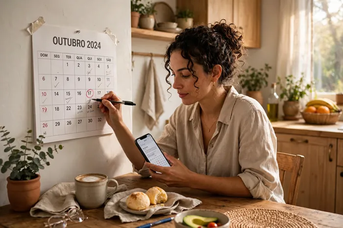 Mulher marcando datas no calendário com calculadora período fértil no celular