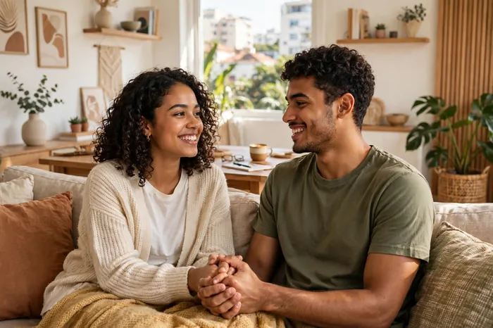 Casal jovem de mãos dadas em casa após usar calculadora período fértil