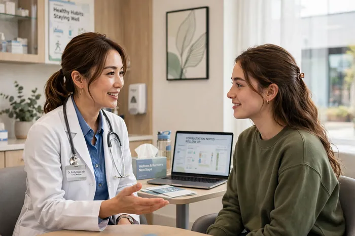 Médica conversando com paciente no consultório sobre calculadora período fértil