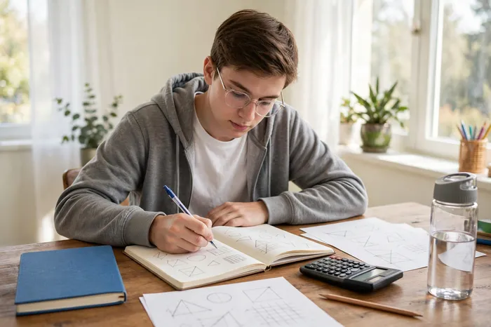 Étudiant utilisant une calculatrice pour ses devoirs de maths