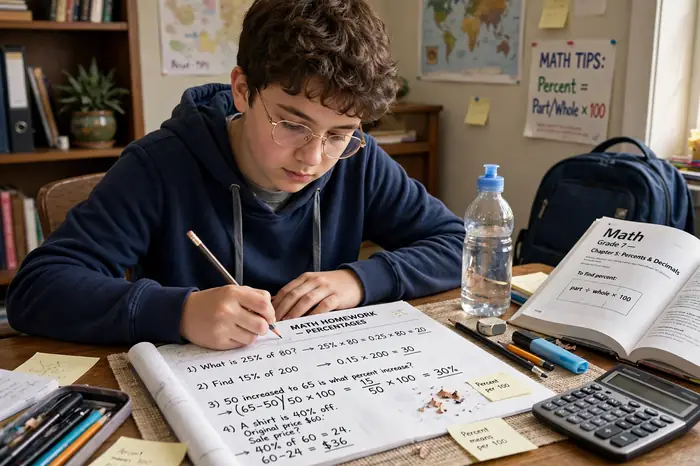Élève qui révise les pourcentages avec une calculatrice pourcentage