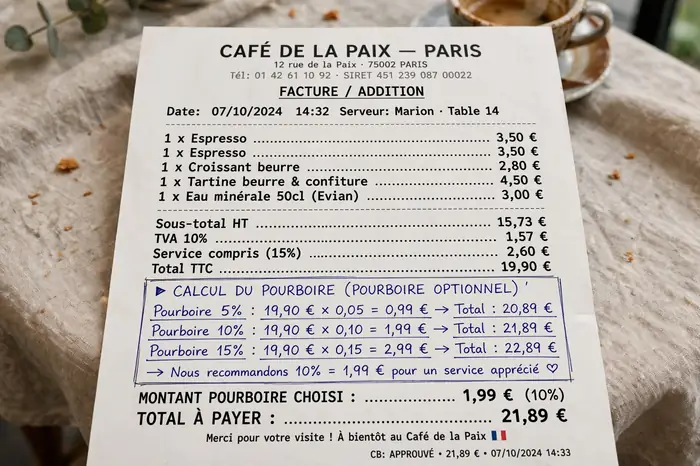 Addition calculée au café avec une calculatrice pourcentage à Paris
