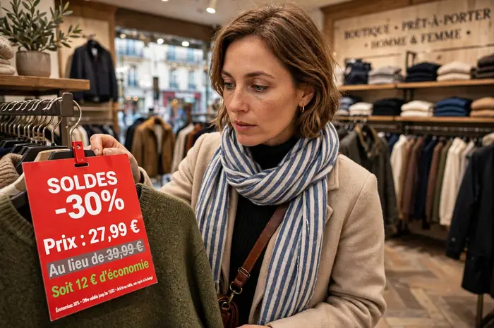 Acheteuse qui vérifie une étiquette de soldes avec une calculatrice pourcentage