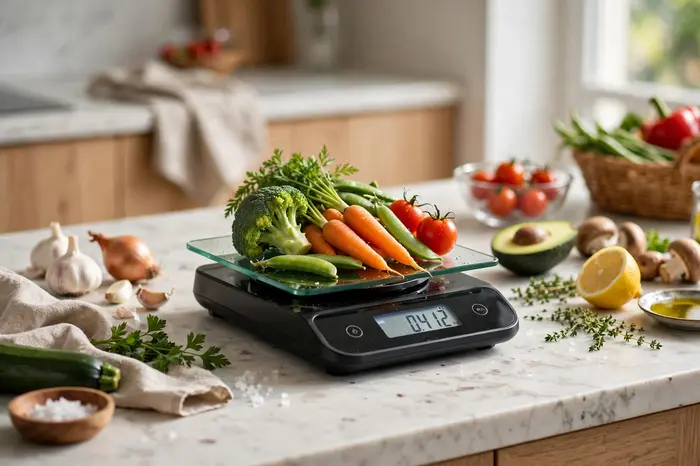 Balança de cozinha pesando legumes — calculadora de calorias começa na porção certa