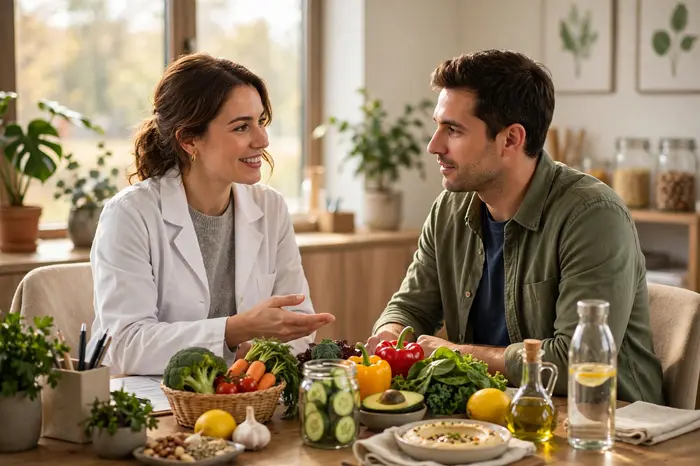 Nutricionista conversando com cliente — calculadora de calorias como ponto de partida