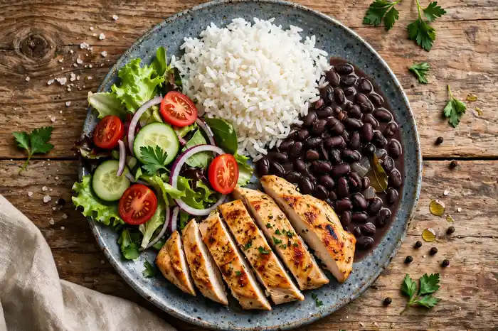 Prato brasileiro com arroz feijão e frango — calculadora de calorias no prato do dia a dia