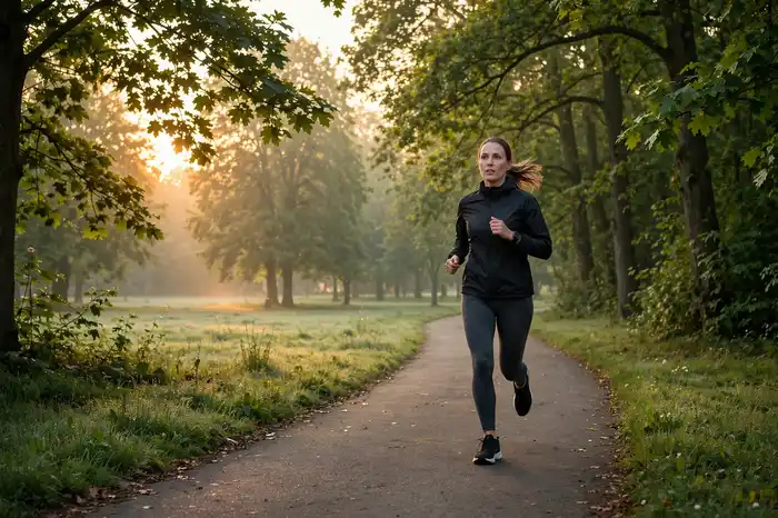 Pessoa correndo no parque ao nascer do sol — calculadora de calorias e gasto com exercício