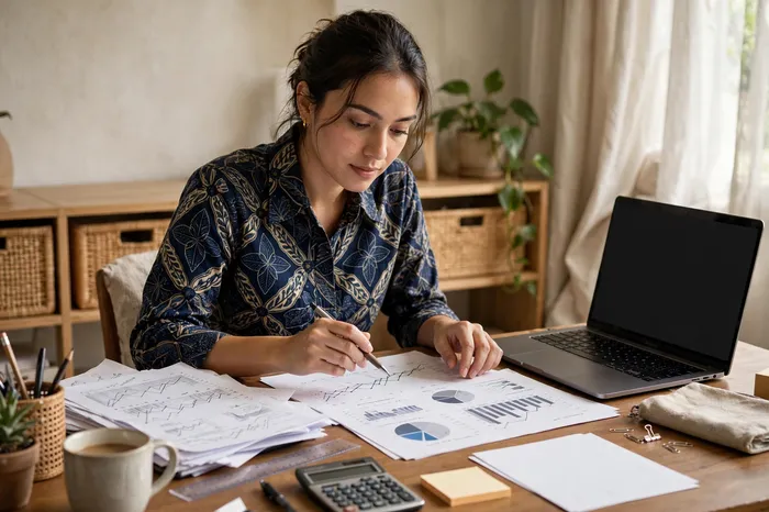 Wanita merencanakan investasi dengan kalkulator compounding