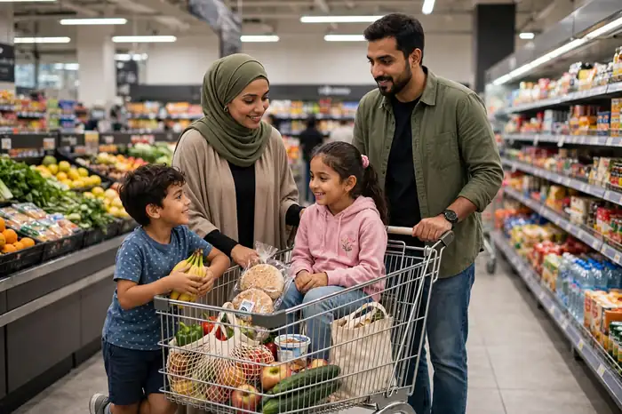 عائلة تتسوق في متجر وتحسب الضريبة مع حاسبة الضريبة