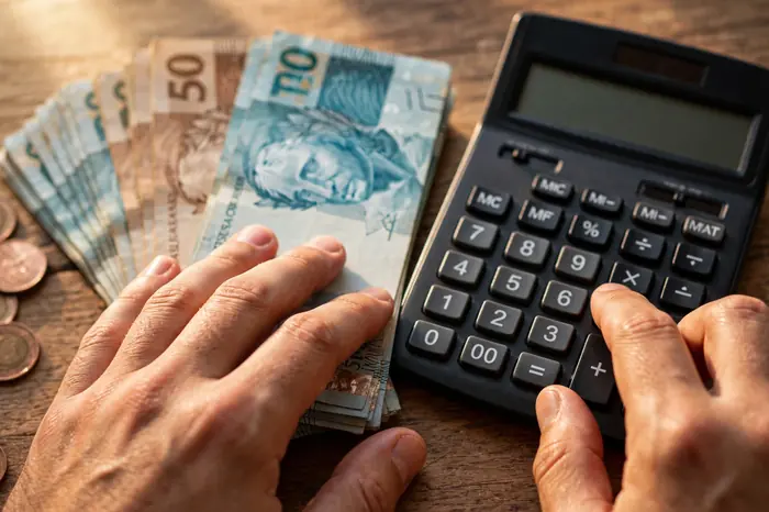 Mãos usando calculadora e notas de real para simular o décimo terceiro na calculadora de décimo terceiro