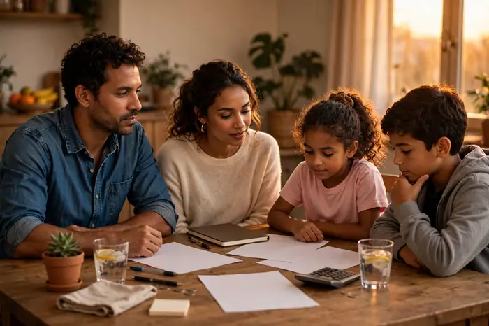 Família planejando as contas de fim de ano com a ajuda da calculadora de décimo terceiro