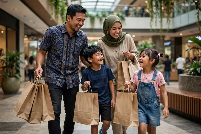 Keluarga berbelanja hemat menggunakan kalkulator diskon di ponsel