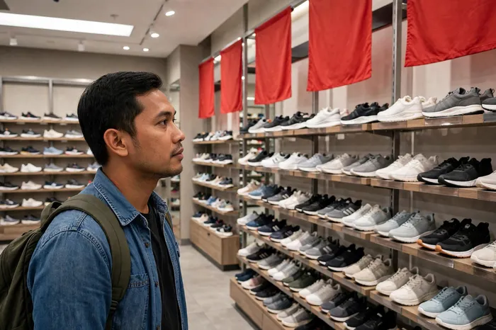 Pembeli menghitung harga sepatu dengan kalkulator diskon di mal