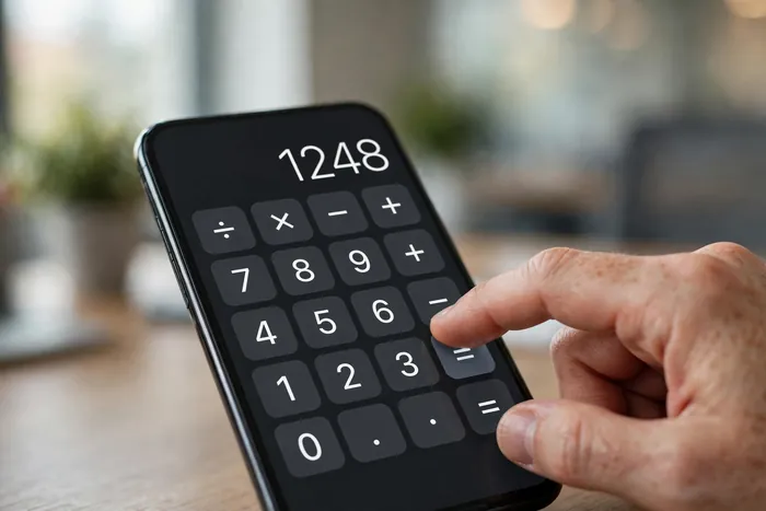 Ruka zadává čísla do kalkulačka dph na telefonu
