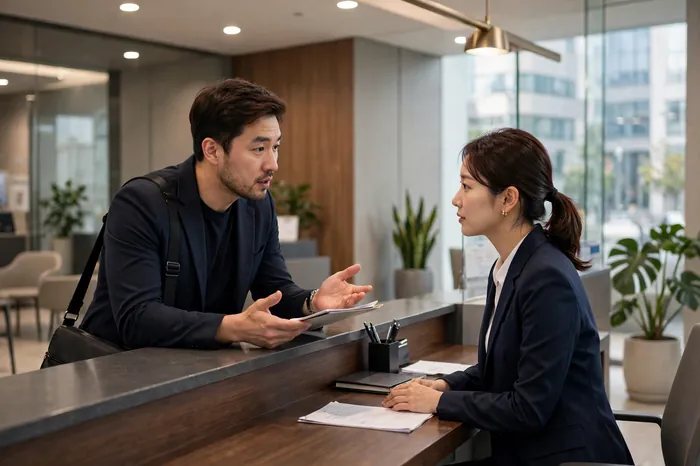 은행 상담 창구에서 대출을 문의하는 고객과 DSR 계산기