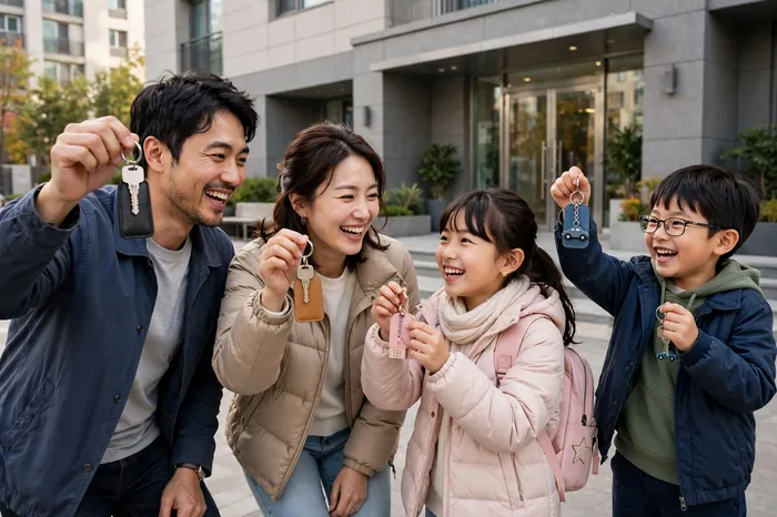 주택 앞에서 대출 승인 서류를 들고 기뻐하는 가족과 DSR 계산기
