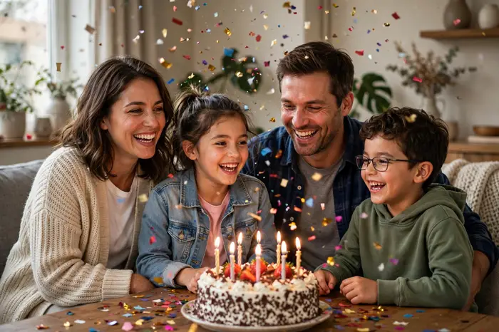 Familia celebrando un cumpleaños calculado con la calculadora de edad