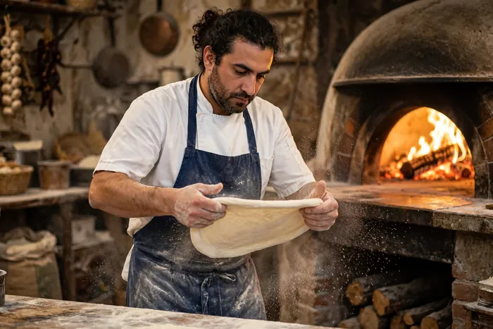 Pizzaiolo divide l'impasto usando la calcolatrice frazioni