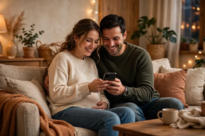 Casal usando a calculadora de gravidez - semanas em meses no celular