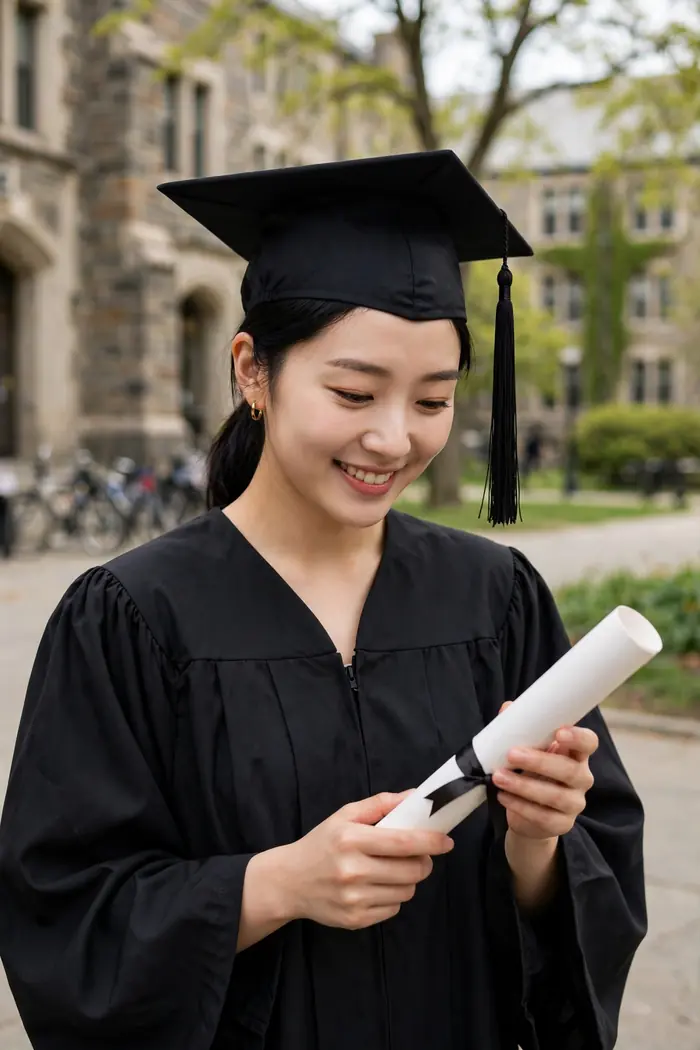 졸업모를 쓴 대학생이 학점계산기로 최종 평점을 확인하는 모습