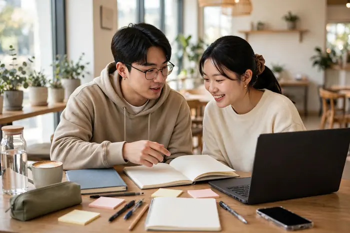 스터디 카페에서 친구와 함께 학점계산기로 학기 계획을 세우는 대학생들