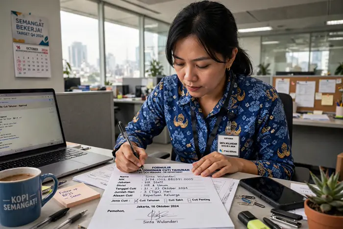 Karyawan mengajukan cuti dengan formulir di meja kerja memakai kalkulator hari