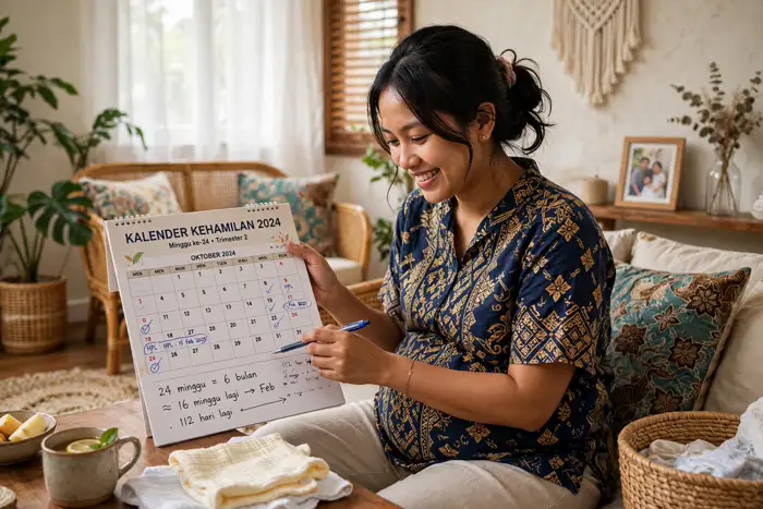 Ibu hamil memegang kalender kehamilan sambil memakai kalkulator hari