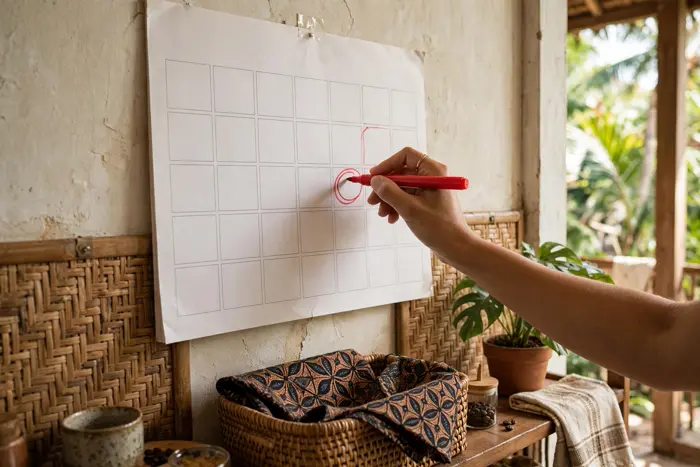Tangan menandai kalender dinding sambil memakai kalkulator hari