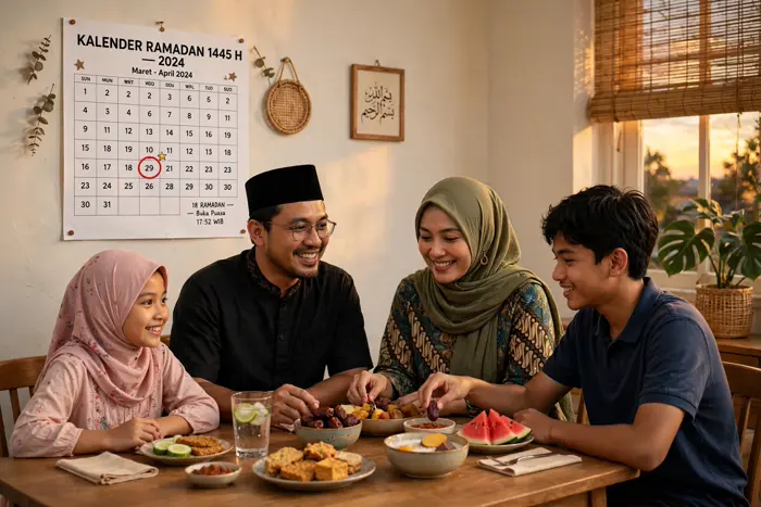 Keluarga Indonesia berbuka puasa bersama dengan kalender Ramadan dan kalkulator hari