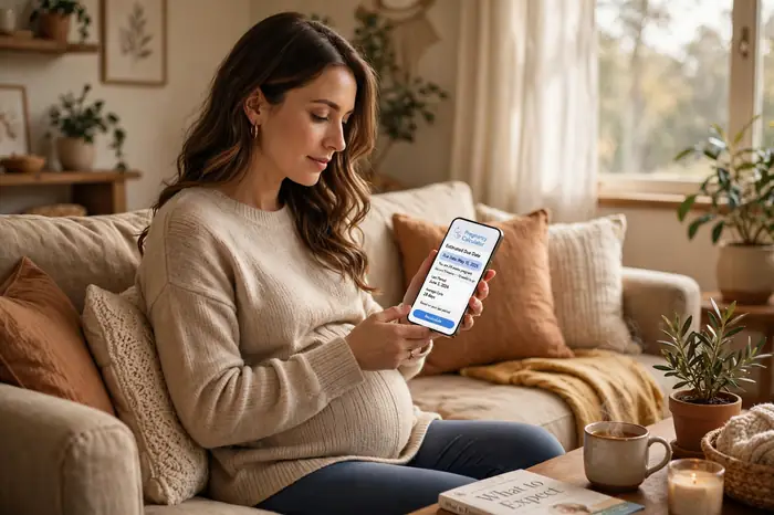 امرأة حامل تستخدم حاسبة الحمل على هاتفها في المنزل