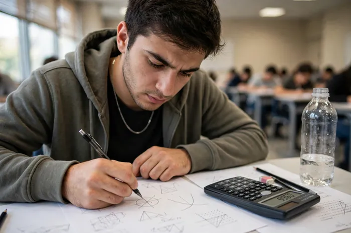 Çalışma masasında fonksiyonlu hesap makinesi ile pratik yapan öğrenci