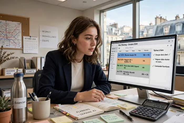 Employée de bureau vérifiant ses horaires avec une calculatrice d'heure