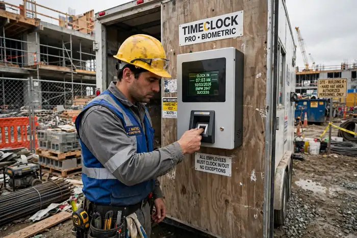 Horloge de chantier et ouvrier pointant ses heures avec une calculatrice d'heure