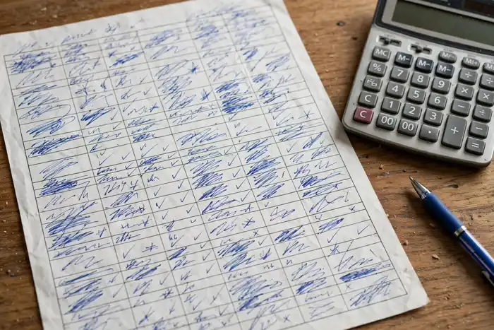 Feuille de temps remplie à la main à côté d'une calculatrice d'heure