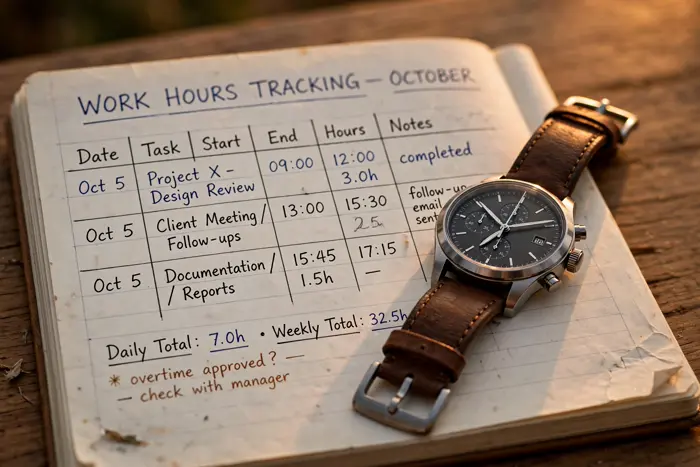 Montre-bracelet et carnet de pointage pour suivre ses heures avec une calculatrice d'heure