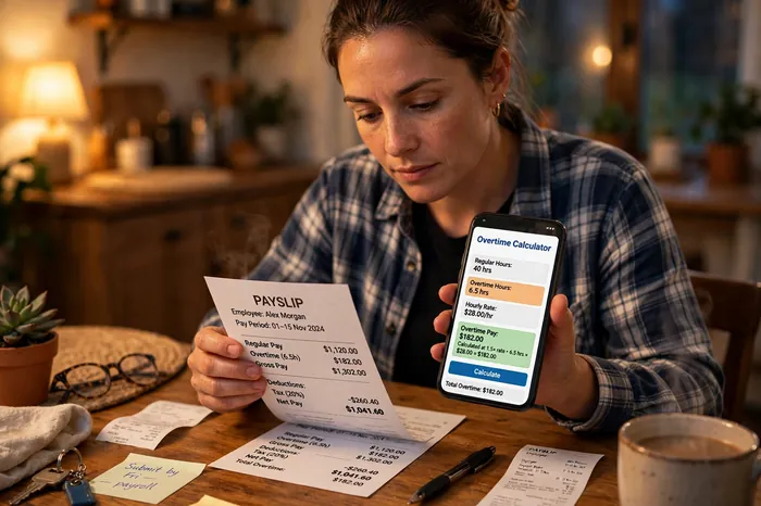 Trabalhadora conferindo contracheque com a calculadora hora extra no celular