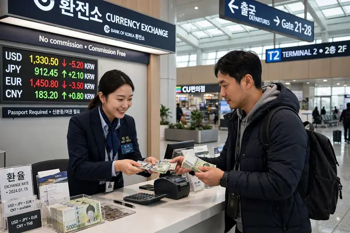 인천공항 환전소에서 환율 계산기로 확인한 금액을 달러로 바꾸는 한국인 여행자