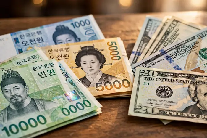 환율 계산기로 비교해볼 원화와 달러 지폐 클로즈업