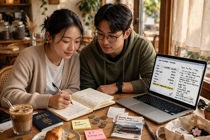 카페에서 일본 여행 예산을 환율 계산기로 계획하는 한국인 커플