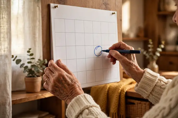 Idosa marcando aniversário no calendário — calculadora de idade em uso
